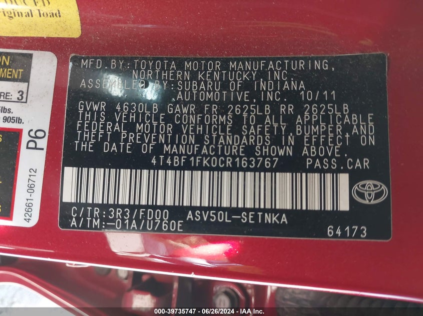 2012 Toyota Camry Le VIN: 4T4BF1FK0CR163767 Lot: 39735747