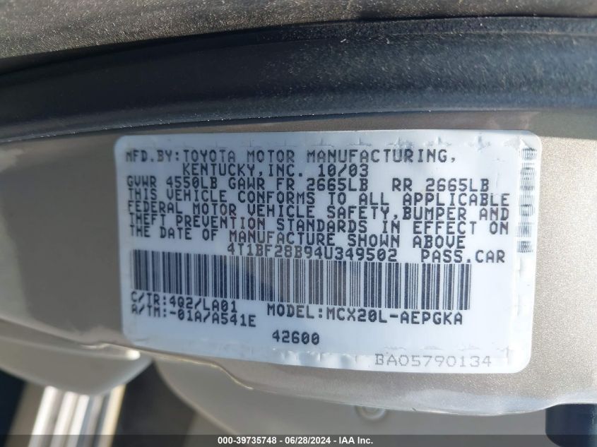 2004 Toyota Avalon Xls VIN: 4T1BF28B94U349502 Lot: 39735748