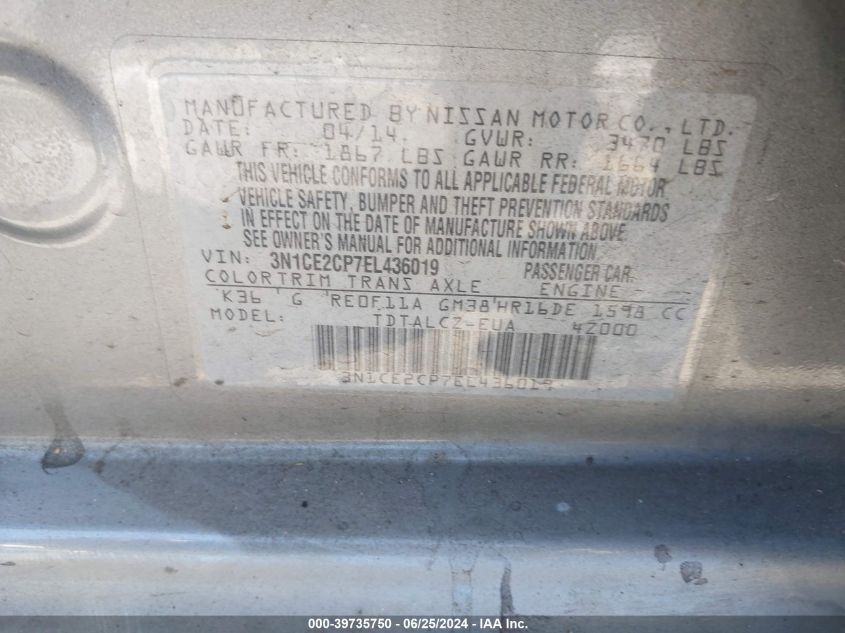 2014 Nissan Versa Note S Plus VIN: 3N1CE2CP7EL436019 Lot: 39735750