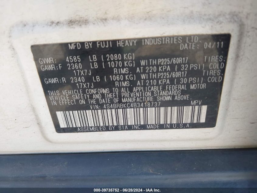 2011 Subaru Outback 2.5I Limited VIN: 4S4BRBKC4B3418737 Lot: 39735752