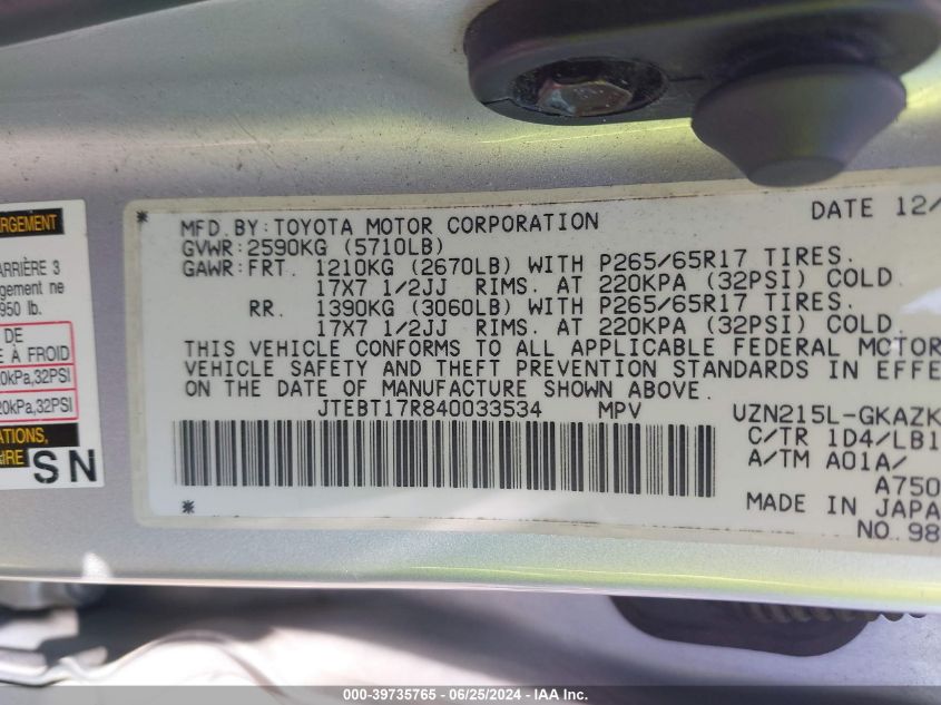 2004 Toyota 4Runner Limited V8 VIN: JTEBT17R840033534 Lot: 39735765