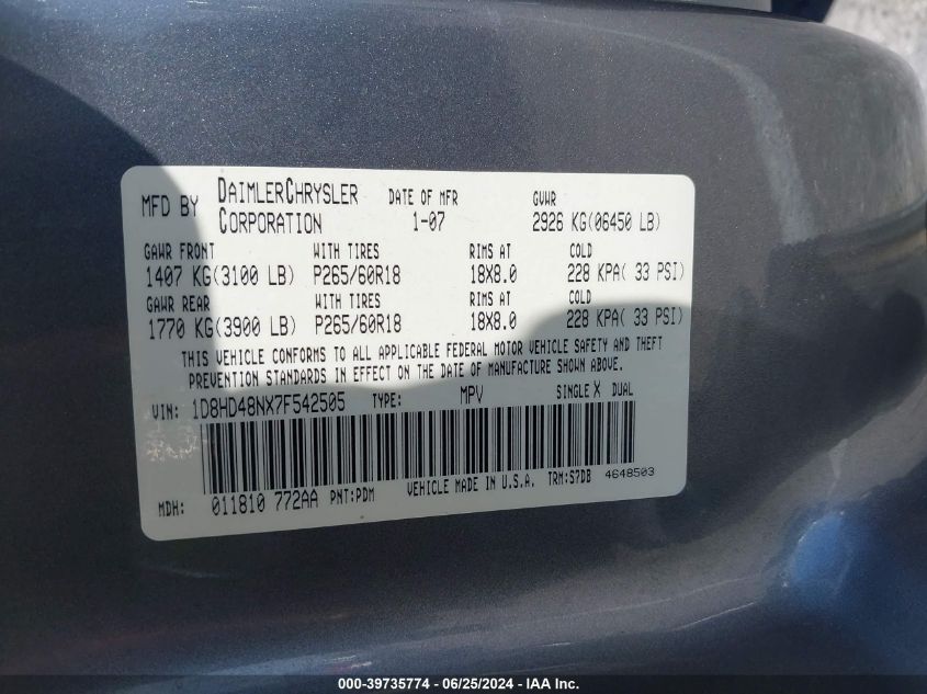 2007 Dodge Durango Slt VIN: 1D8HD48NX7F542505 Lot: 39735774