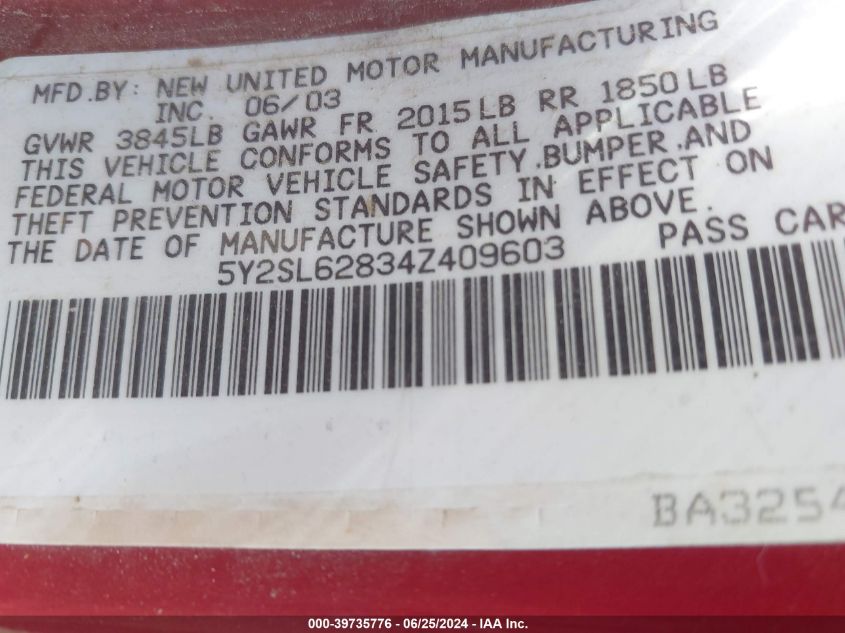 2004 Pontiac Vibe VIN: 5Y2SL62834Z409603 Lot: 39735776