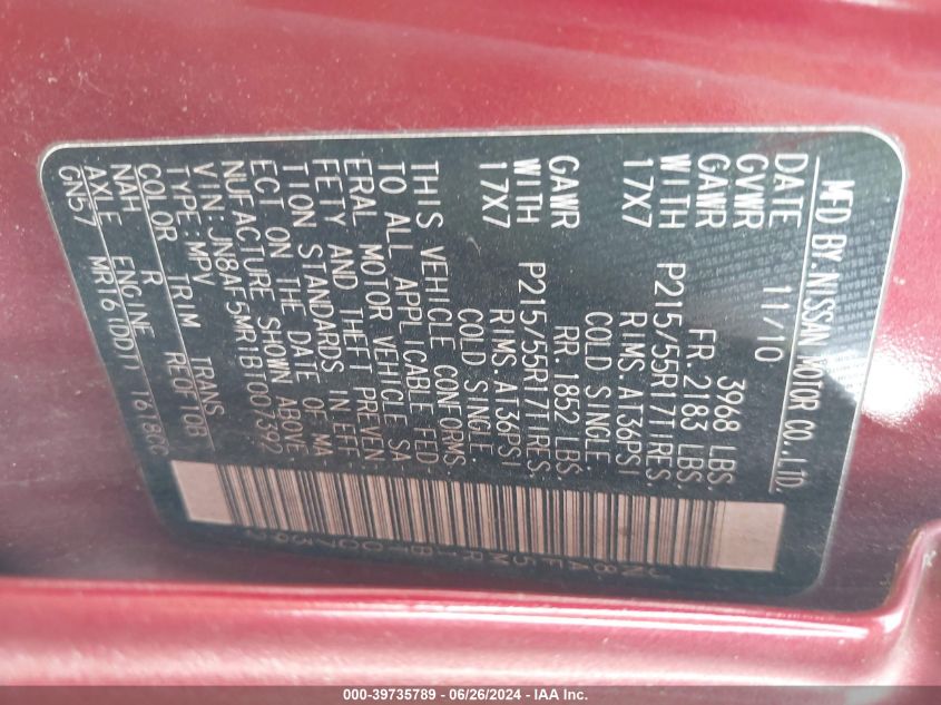 2011 Nissan Juke Sv VIN: JN8AF5MR1BT007392 Lot: 39735789