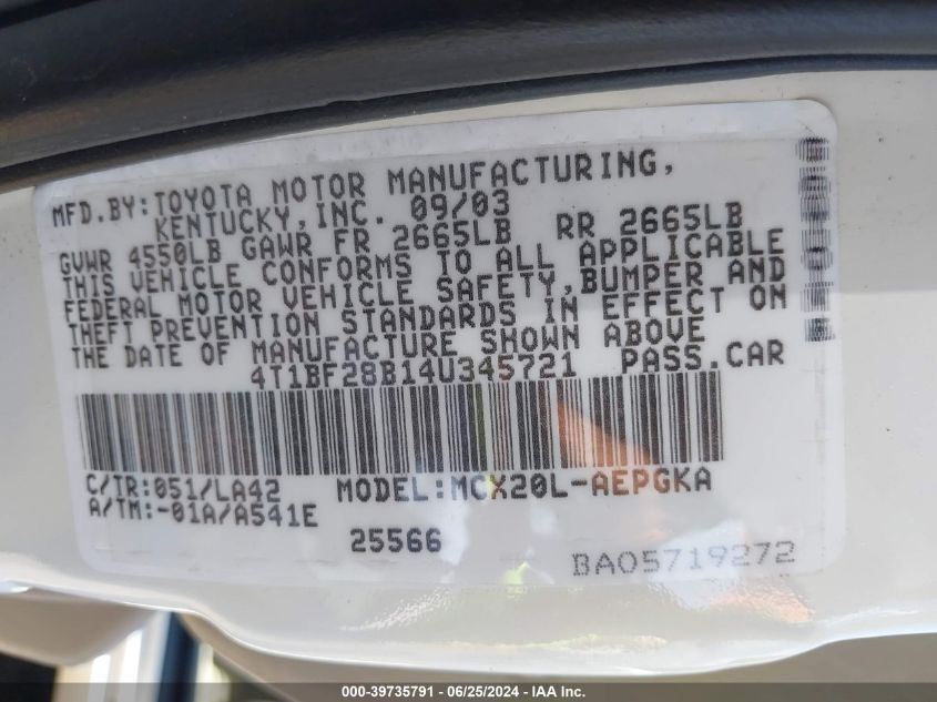 2004 Toyota Avalon Xls VIN: 4T1BF28B14U345721 Lot: 39735791