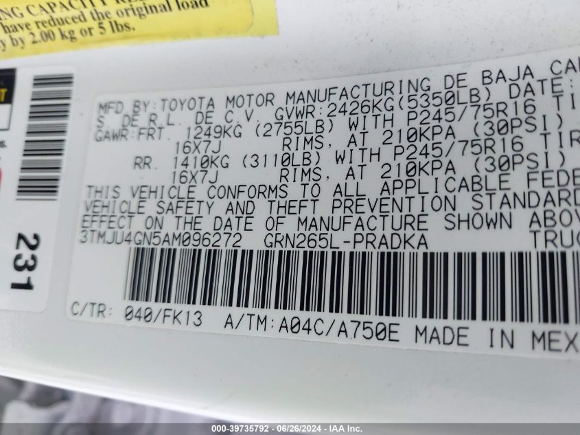 2010 Toyota Tacoma Double Cab Prerunner VIN: 3TMJU4GN5AM096272 Lot: 39735792