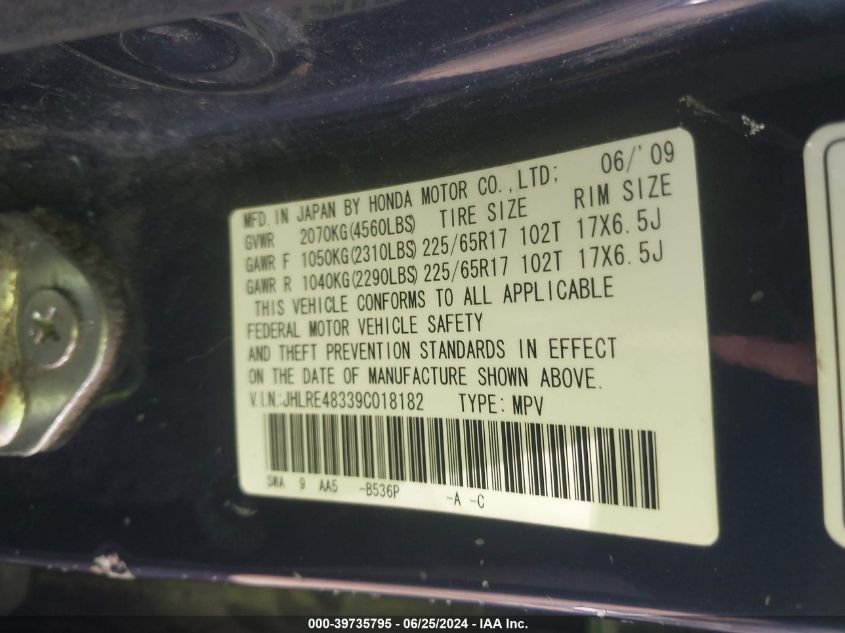 2009 Honda Cr-V Lx VIN: JHLRE48339C018182 Lot: 39735795