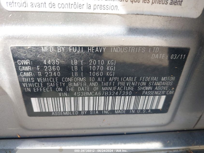 2011 Subaru Legacy 2.5I VIN: 4S3BMCA67B3247390 Lot: 39735812