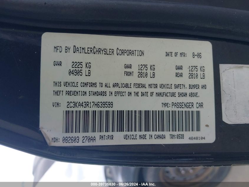 2007 Chrysler 300 VIN: 2C3KA43R17H639599 Lot: 39735830