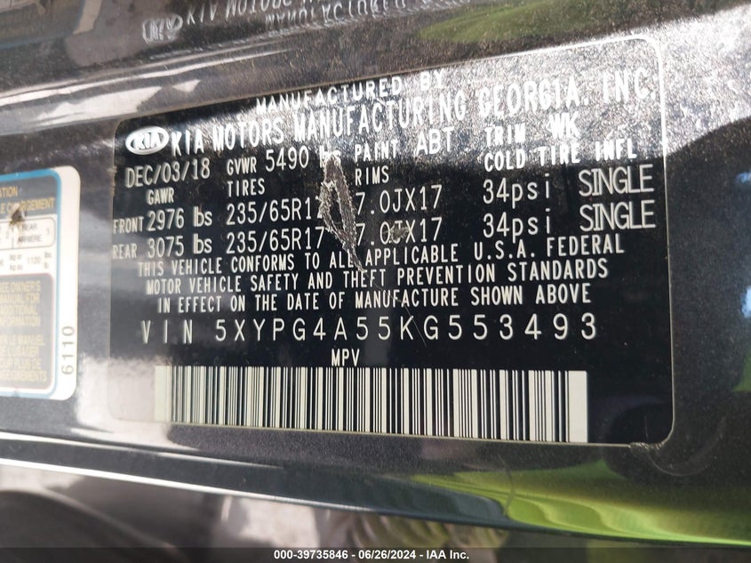 2019 Kia Sorento Lx/S VIN: 5XYPG4A55KG553493 Lot: 39735846