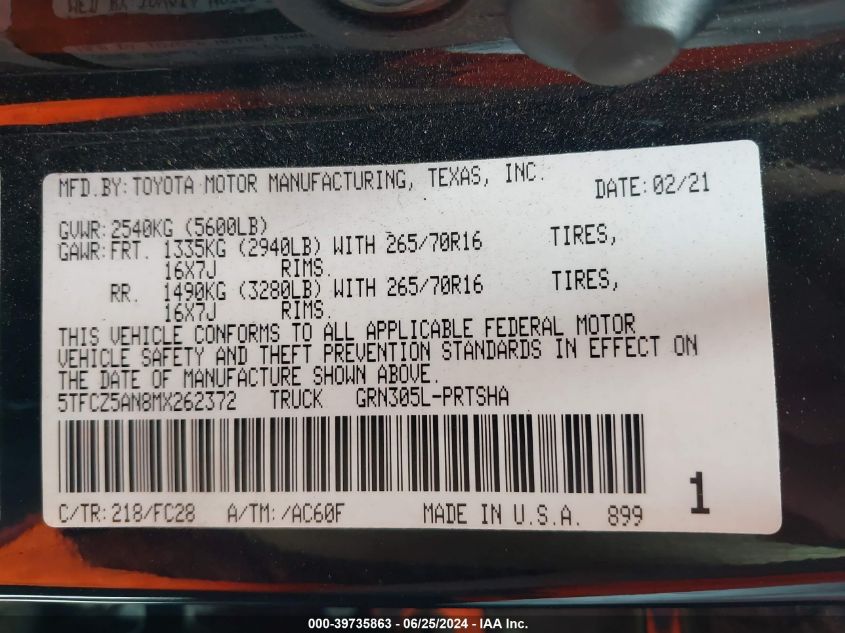 2021 Toyota Tacoma Double Cab/Sr/Sr5/Trd Spo VIN: 5TFCZ5AN8MX262372 Lot: 39735863