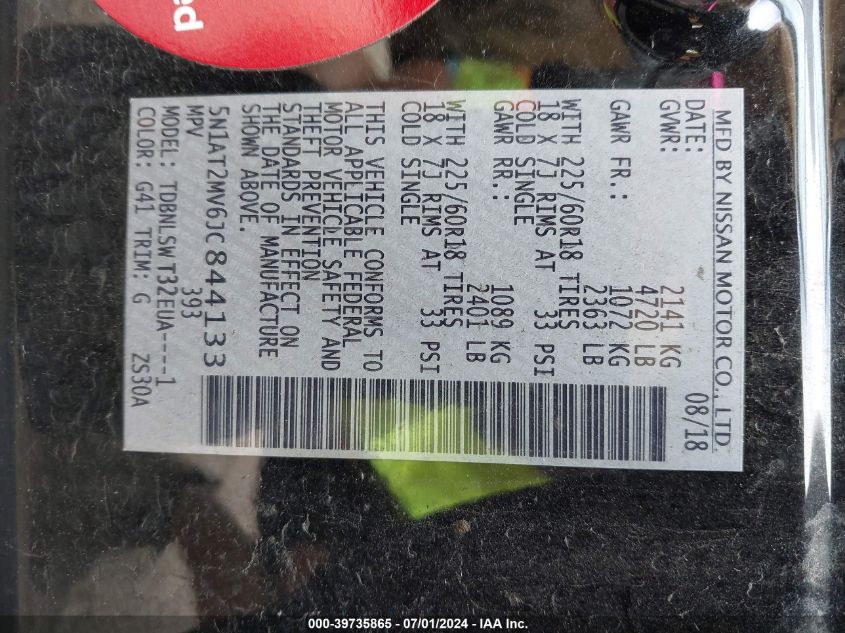 2018 Nissan Rogue Sl VIN: 5N1AT2MV6JC844133 Lot: 39735865