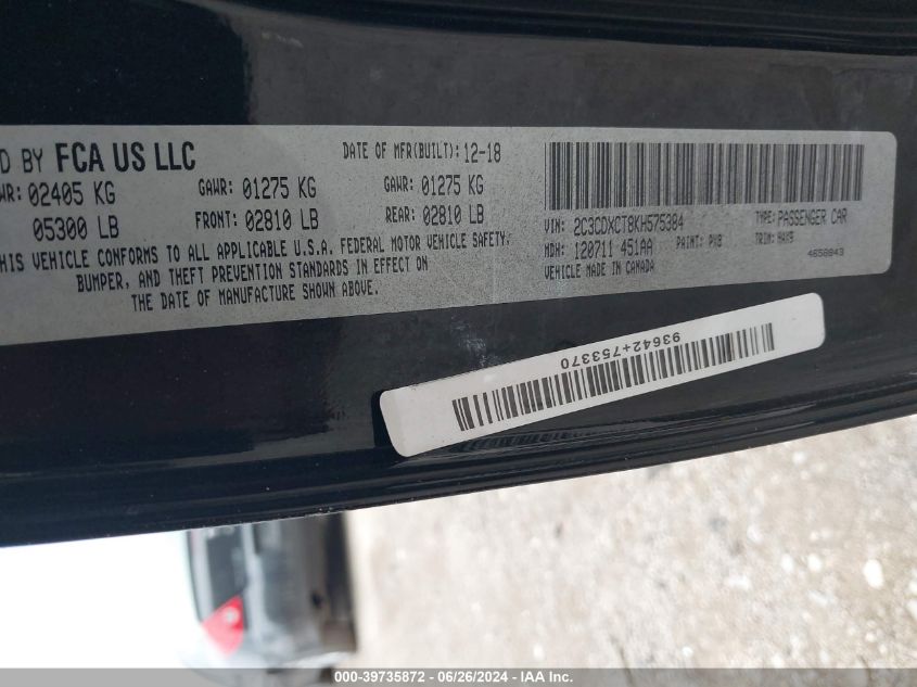 2019 Dodge Charger R/T Rwd VIN: 2C3CDXCT8KH575384 Lot: 39735872