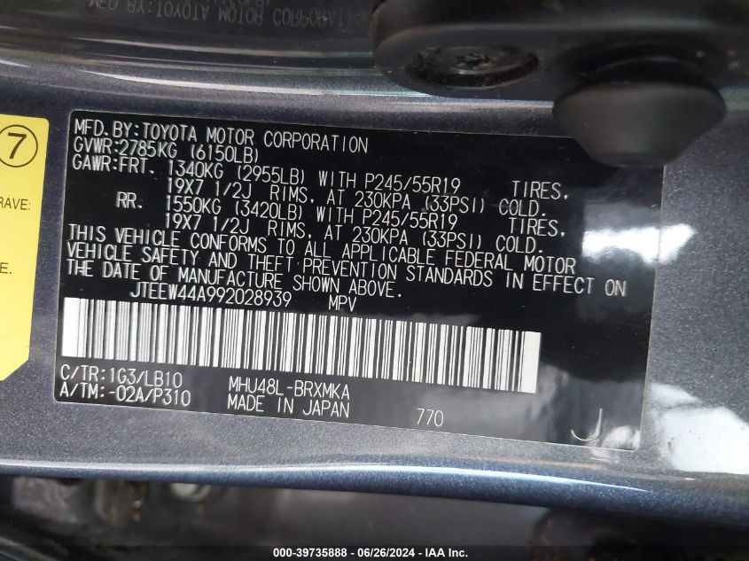 2009 Toyota Highlander Hybrid Limited VIN: JTEEW44A992028939 Lot: 39735888