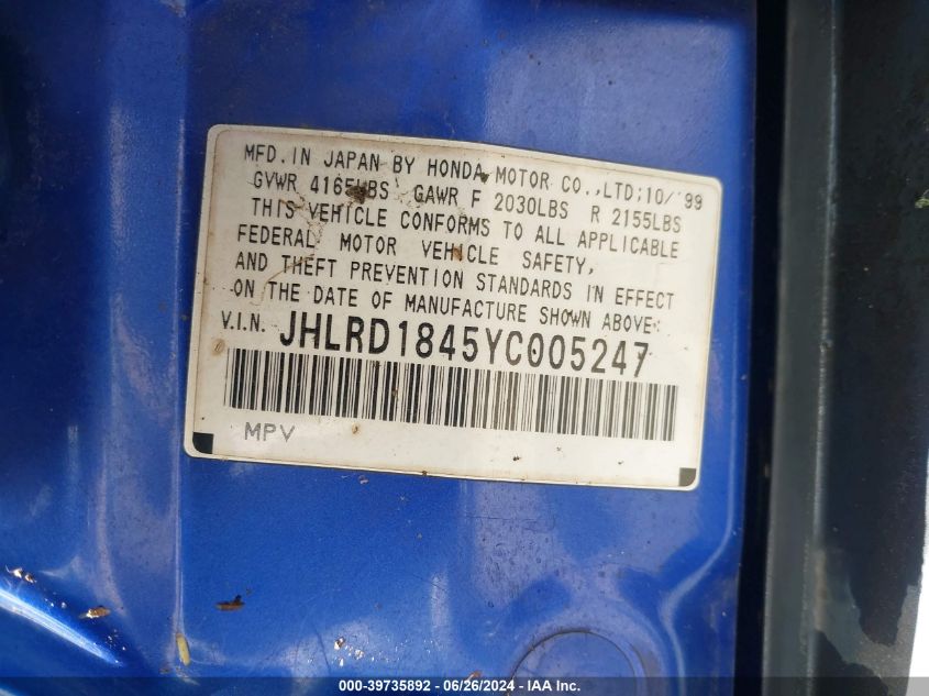 2000 Honda Cr-V Lx VIN: JHLRD1845YC005247 Lot: 39735892