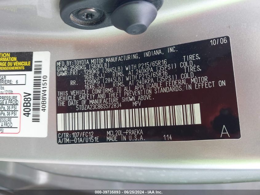 2006 Toyota Sienna Le VIN: 5TDZA23C86S572834 Lot: 39735893