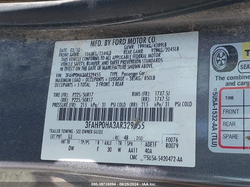 2010 Ford Fusion Se VIN: 3FAHP0HA3AR329455 Lot: 39735894