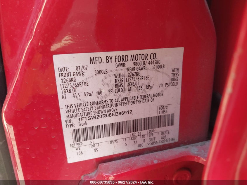 2008 Ford F-250 Lariat VIN: 1FTSW20R08EB96912 Lot: 39735895