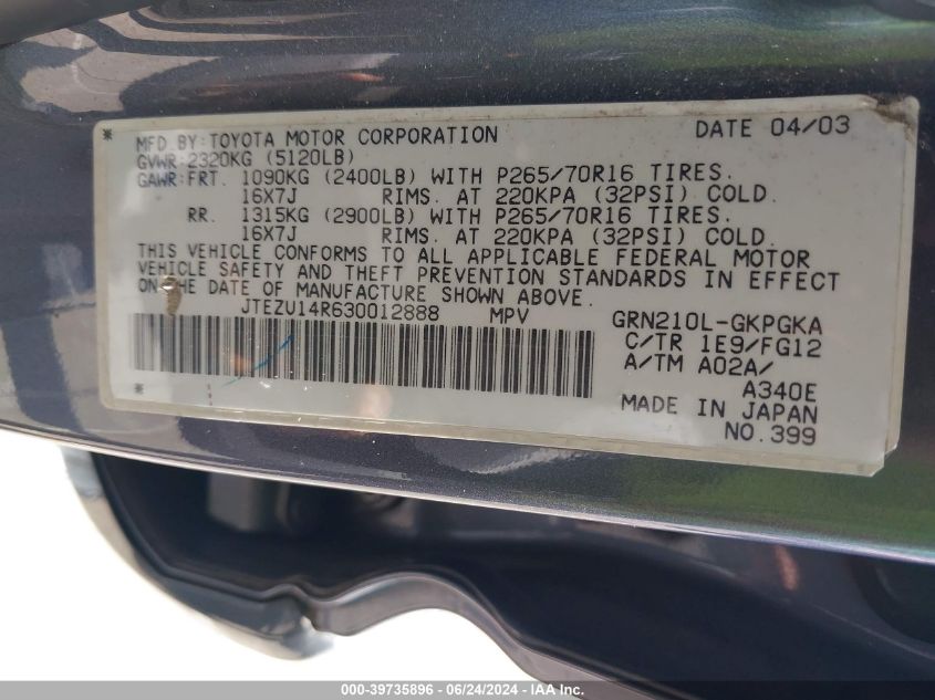 2003 Toyota 4Runner Sr5 V6 VIN: JTEZU14R630012888 Lot: 39735896