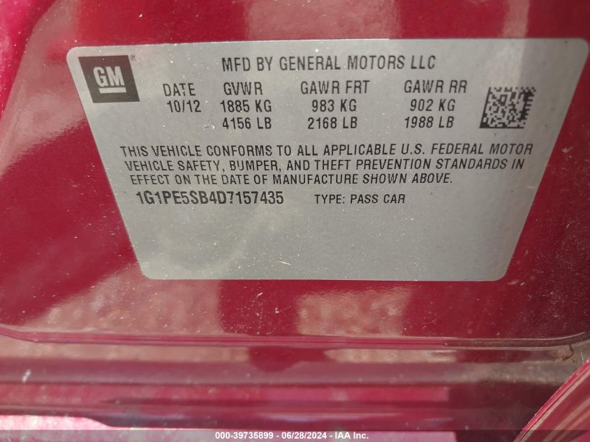 2013 Chevrolet Cruze Lt VIN: 1G1PE5SB4D7157435 Lot: 39735899