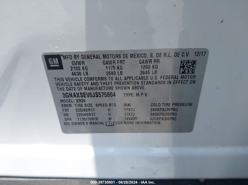 2018 Chevrolet Equinox Lt VIN: 3GNAXSEV6JS575804 Lot: 39735901