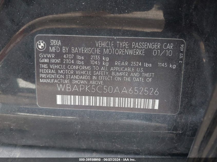 2010 BMW 328I xDrive VIN: WBAPK5C50AA652526 Lot: 39735910