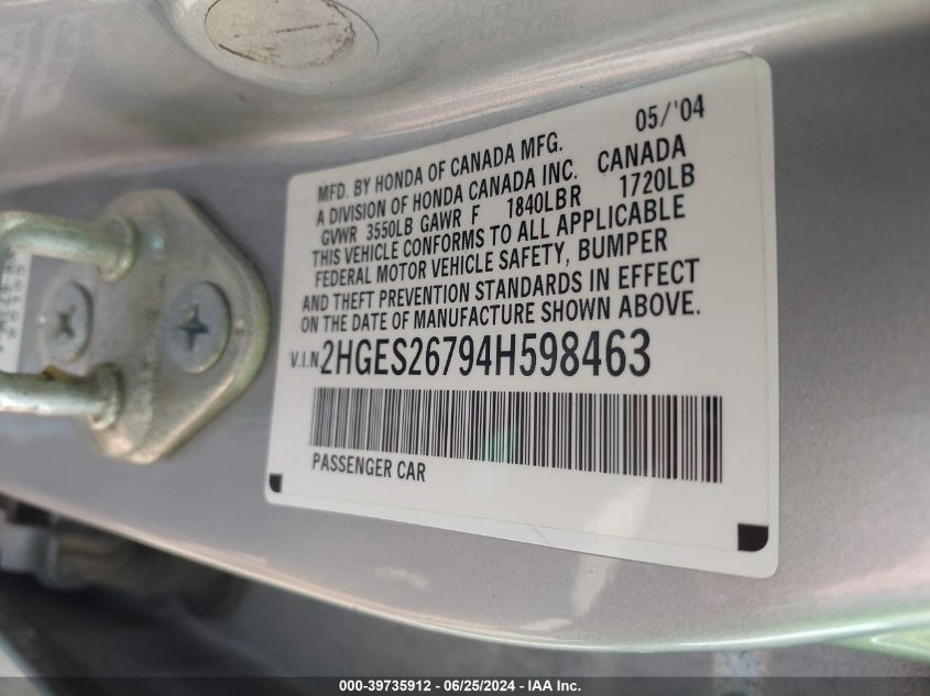 2004 Honda Civic Ex VIN: 2HGES26794H598463 Lot: 39735912
