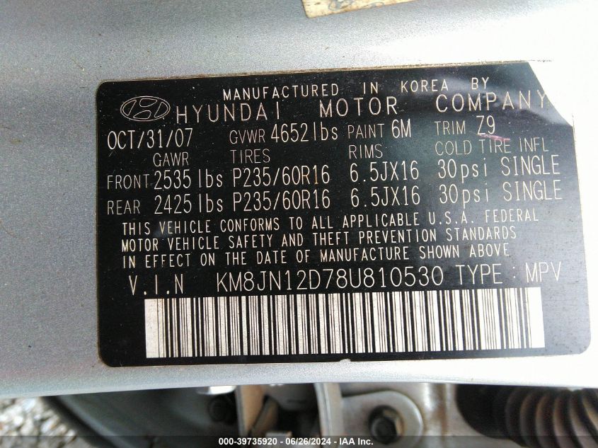 2008 Hyundai Tucson Limited V6/Se VIN: KM8JN12D78U810530 Lot: 39735920