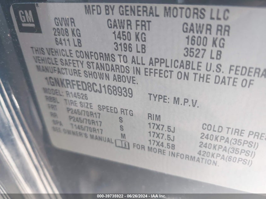 2012 Chevrolet Traverse Ls VIN: 1GNKRFED8CJ168939 Lot: 39735922