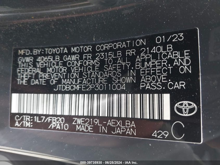 2023 TOYOTA COROLLA HYBRID LE - JTDBCMFE2P3011004