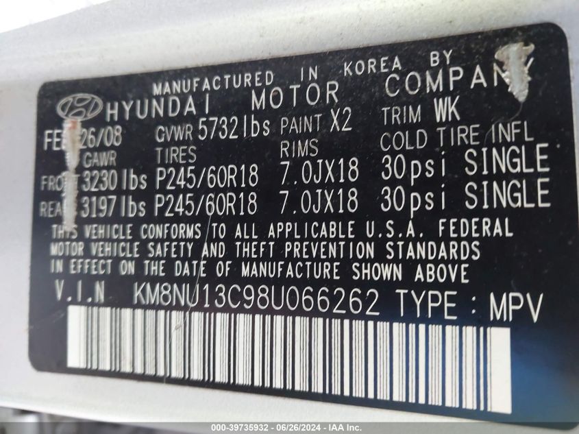 2008 Hyundai Veracruz Gls/Limited/Se VIN: KM8NU13C98U066262 Lot: 39735932