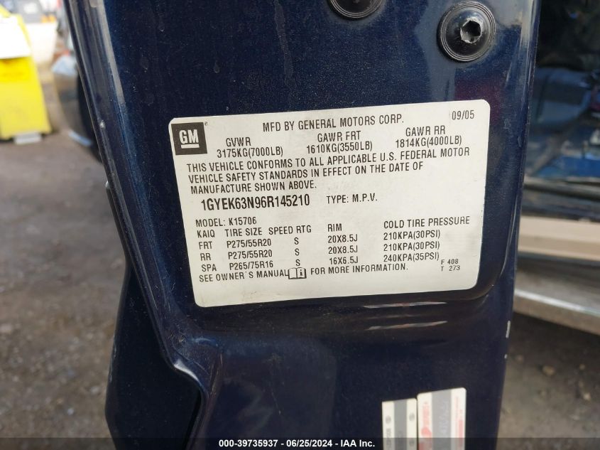 2006 Cadillac Escalade Luxury VIN: 1GYEK63N96R145210 Lot: 39735937