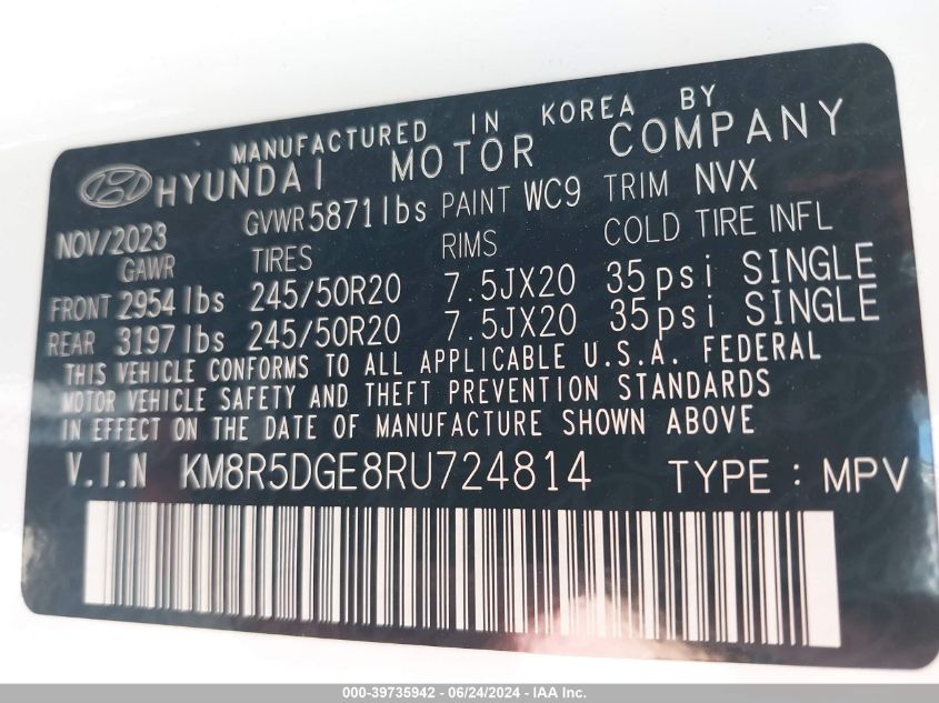 2024 Hyundai Palisade Limited VIN: KM8R5DGE8RU724814 Lot: 39735942