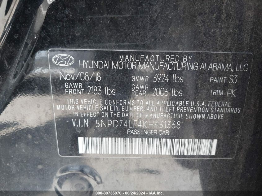 2019 Hyundai Elantra Se VIN: 5NPD74LF4KH431368 Lot: 39735970