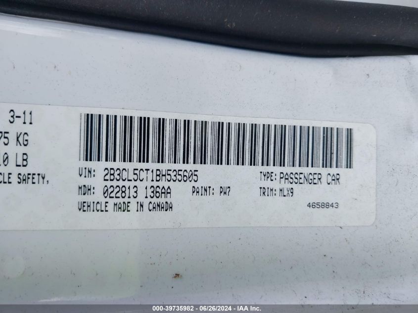 2011 Dodge Charger R/T VIN: 2B3CL5CT1BH535605 Lot: 39735982