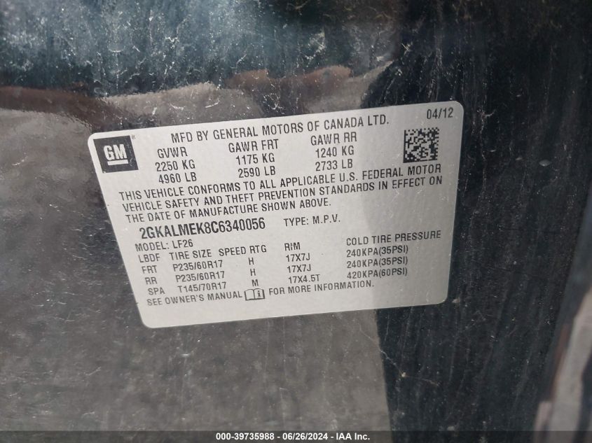 2012 GMC Terrain Sle-1 VIN: 2GKALMEK8C6340056 Lot: 39735988