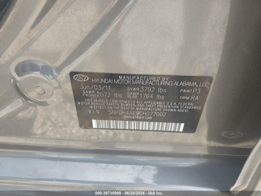 2012 Hyundai Elantra Gls VIN: 5NPDH4AE9CH077002 Lot: 39735989