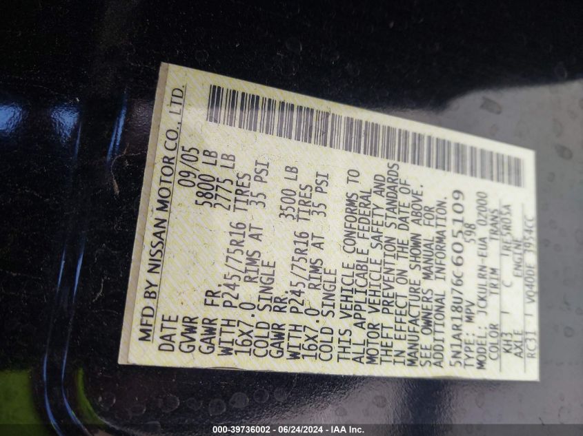 2006 Nissan Pathfinder S VIN: 5N1AR18U76C605109 Lot: 39736002