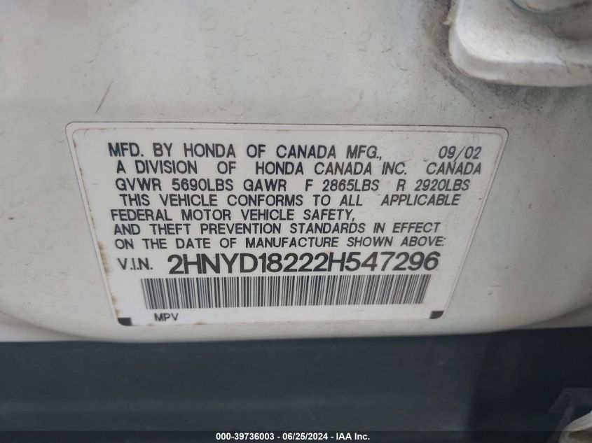 2HNYD18222H547296 2002 Acura Mdx