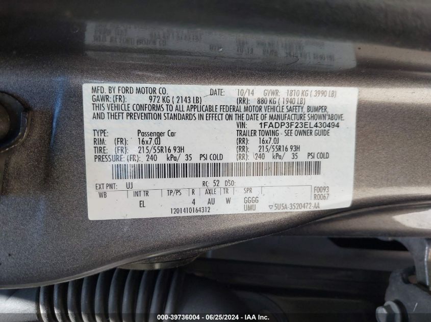 2014 Ford Focus Se VIN: 1FADP3F23EL430494 Lot: 39736004