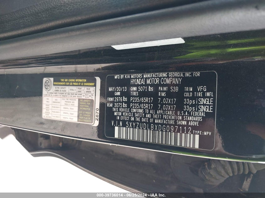 2013 Hyundai Santa Fe Sport VIN: 5XYZUDLBXDG097112 Lot: 39736014