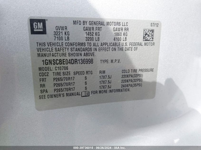 2013 Chevrolet Tahoe Lt VIN: 1GNSCBE04DR136998 Lot: 39736015