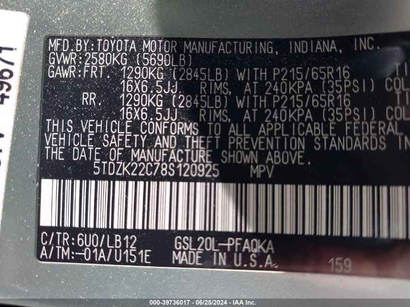 2008 Toyota Sienna Xle VIN: 5TDZK22C78S120925 Lot: 39736017