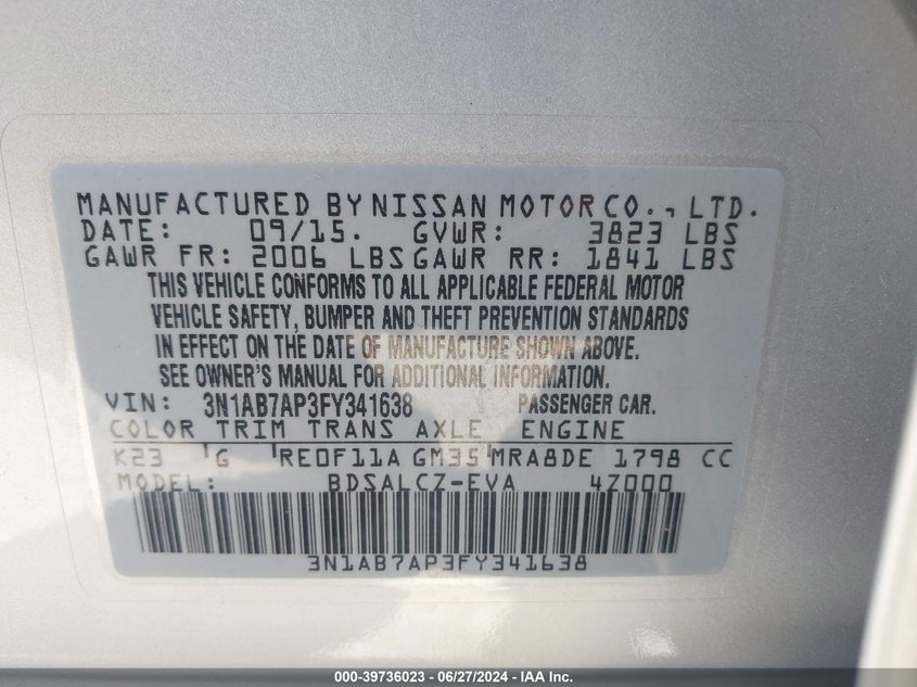 2015 Nissan Sentra S VIN: 3N1AB7AP3FY341638 Lot: 39736023