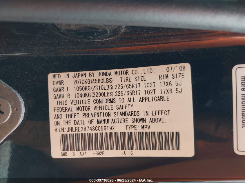 2008 Honda Cr-V Ex-L VIN: JHLRE38748C056192 Lot: 39736026