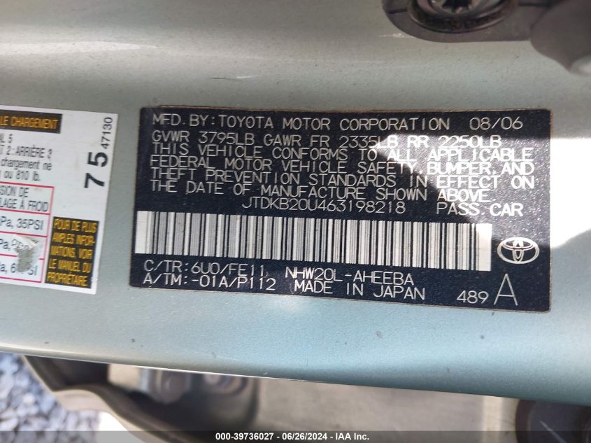 2006 Toyota Prius VIN: JTDKB20U463198218 Lot: 39736027