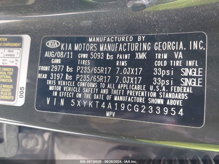 2012 Kia Sorento Lx VIN: 5XYKT4A19CG233954 Lot: 39736029