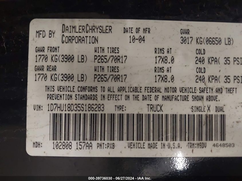 2005 Dodge Ram 1500 Slt/Laramie VIN: 1D7HU18D35S186283 Lot: 39736030