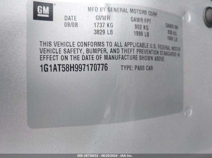 2009 Chevrolet Cobalt Lt VIN: 1G1AT58H997170776 Lot: 39736032