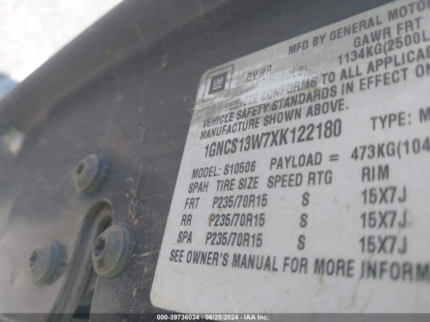 1999 Chevrolet Blazer Lt VIN: 1GNCS13W7XK122180 Lot: 39736034